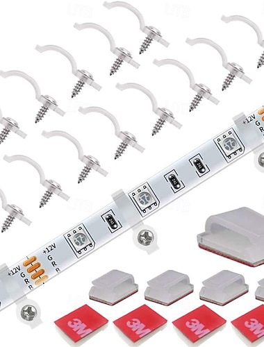  Lot de 100 supports de montage pour ruban LED, clips de fixation, fixation unilatérale, 100 vis incluses. Lot de 30 pinces pour fixer un ruban LED de 10 mm de large (emballage combiné).