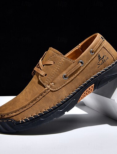 Herrebrune båtsko i kunstskinn, håndsydde snøresko, avslappede loafers for hverdagsbruk, kjøring, reiser, friluftsliv, helgeantrekk, komfortabel smart casual stil