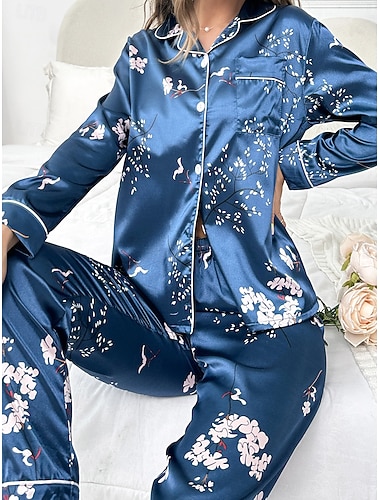 Dame lounge Pyjamas Sett Mote Enkel Fritid Grafisk Silkemyke satengpysjamas Elastisk midje Bukse Hjem Feriereise Langermet Skjortekrage Blå Sommer Vår Høst Normal