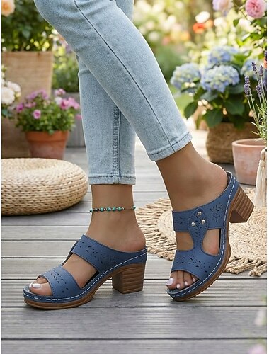  Blå damesandaler med utskjæring, komfortable sandaler med tykke blokkhæl for avslappet sommertur og reise &hverdagsbruk