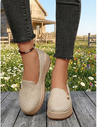  Beige damesko med kilehæl – komfortable slip-on-plattformloafers for hverdagsbruk og sommerreiser