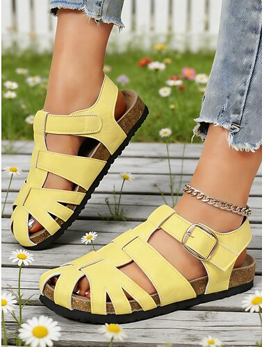  női sárga gladiátor szandál, állítható csatos kényelmes sétaszandál parafa talpbetéttel nyári utazáshoz, strandra &mindennapi viselet