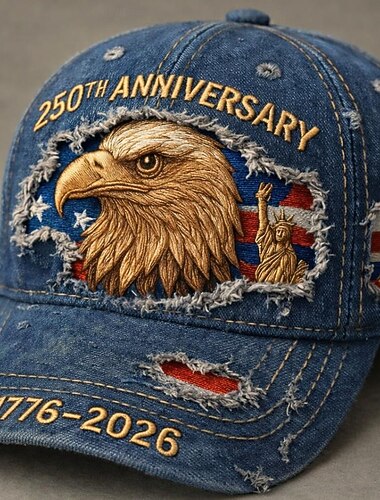  Baseballkappe aus Used-Denim zum 250. Jahrestag der Vereinigten Staaten mit Adlermotiv, Vintage-Hut der USA (1776–2026), patriotische Kappe zum Unabhängigkeitstag, Vintage-Hut mit amerikanischer