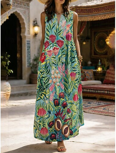  Damen Maxikleid Sommerkleid A Linie Kleid Urlaub Lässig Boho Täglich Ferien Normale Passform Blumen Grafik Ärmellos V Ausschnitt Blau Orange Grün Sommer Frühling