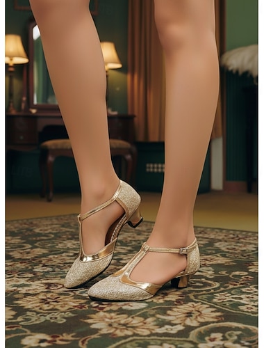  dansesko med glitrende t-rem for kvinner, lav hæl og mellomhæl ballroom latinske ytelseshæler for salsa og tango