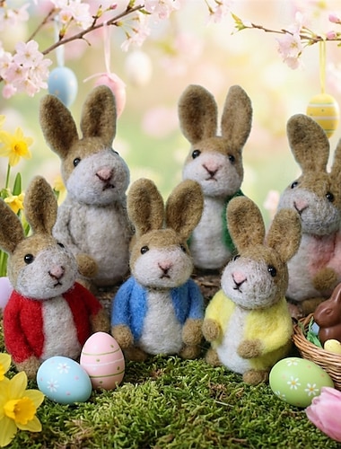  6 kpl pääsiäiskorien täytettä neulahuovutettu pupu, käsintehty villainen miniatyyrikanipehmolelu, kanityylinen lelu, pehmeä kevätlahja lapsille tytöille ja pojille, Waldorf-tyylinen lastenhuoneen sisustus