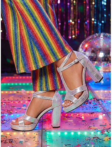  Sandali da donna anni '70 con tacco a blocco argentato e glitterato, perfetti per la discoteca: sandali con plateau metallizzati scintillanti e tacco grosso. &Cinghie incrociate per feste retrò e