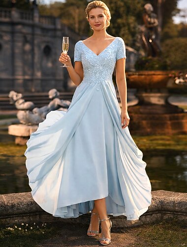  A-linje Te-lengde Festkjole Cocktail Kjole Gjestekjole til bryllup Kjole til brudens mor Kortermet V-hals Elegant Plusstørrelse Asymmetrisk lengde Bryllupsgjest Bryllupsfest Chiffon Blonder med