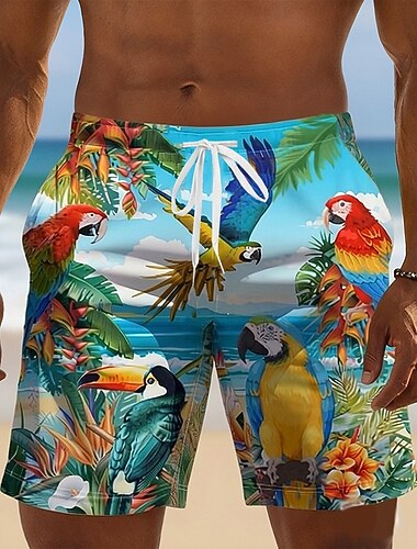  Voor heren Papegaai Tropische planten Toekans Lange zwembroeken Zwemshorts Boardshorts Medium Taille Hawaii Strandvakantie Zijzakken Mesh voering Elastische tailleband met trekkoord Ontwerper Kleding
