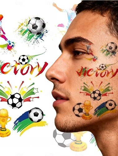  Confezione da 5 adesivi per tatuaggi facciali a tema calcio estivo, decalcomanie temporanee per il viso con trasferimento ad acqua per tifosi di calcio, articoli per feste di cheerleading per il