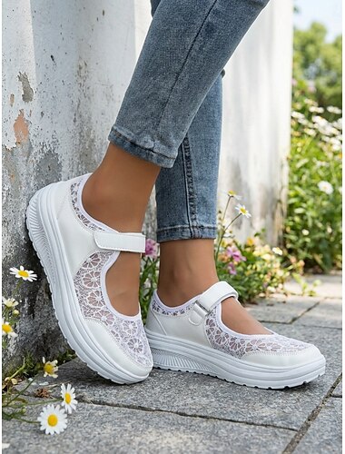  Damesschoenen in Mary Jane-stijl met witte kanten details en klittenbandsluiting, ademende, casual platformschoenen voor op reis of om te wandelen. &alledaags comfort