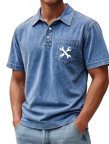 SoftFade™ Camicia Grafica Lavata in Acido da Uomo 100% Cotone Polo a Maniche Corte Camicie Athleisure Tasca Stampa 3D Bottoni Primavera  Estate Blu Marrone Verde