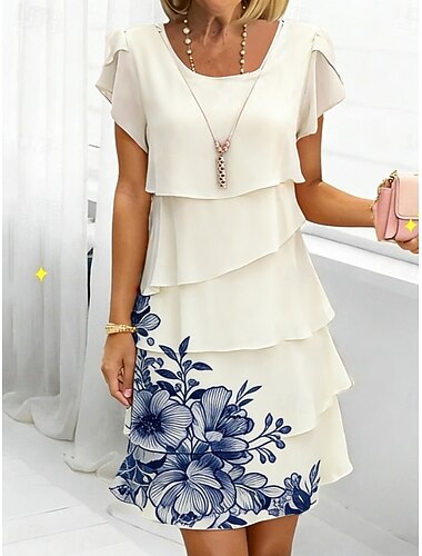  女性用 ひざ丈ドレス カジュアルドレス ウェディングゲストドレス 花柄ドレス ペプラムドレス エレガント ファッション 近代の アウトドア バケーション お出かけ レギュラー フラワー 半袖 クルーネック ホワイト イエロー グリーン 夏 春