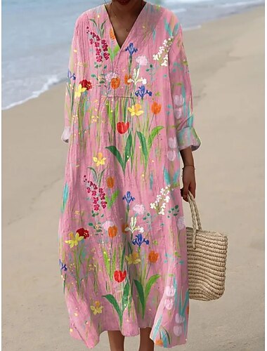  Damen Maxikleid Shiftkleid Strandkleid Blumenkleid Mode Modern Täglich Outdoor Urlaub Lässiger Schnitt Blumen Langarm V Ausschnitt Rosa Sommer Frühling