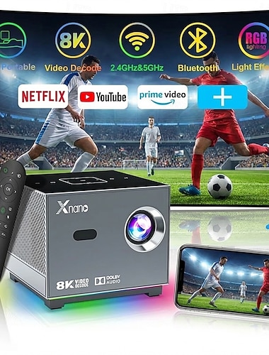  Bærbar mini smartprojektor med wifi og bluetooth, 2 GB + 16 GB Android, 720p LCD-skjerm støtter 4k/8k, stemmefjernstyrt hjemmekino for spillfilm, fotballfan-gave til bakgårdsfest i 2026-kamp