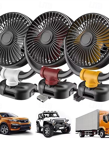  Bilvifte 12v 24v USB-drevet, 360° roterbar bærbar kjølevifte for kjøretøy, stillegående kraftig autoluftsirkulator for nakkestøtte på dashbordet, universell passform for bil, SUV, lastebil, bobil,