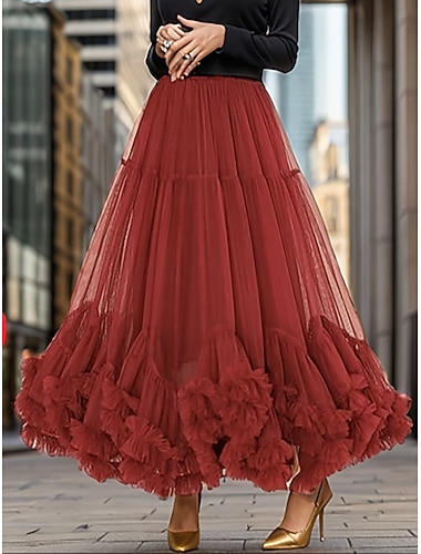  Damen Urlaubsrock Elegant Mode Niedlich Lässig Maxi Mittlere Hüfthöhe Röcke Einfach Elastischer Bund Geschichtet Netz Mikroelastisch Täglich Urlaub Aprikose Schwarz Rosa Wein Sommer Polyester