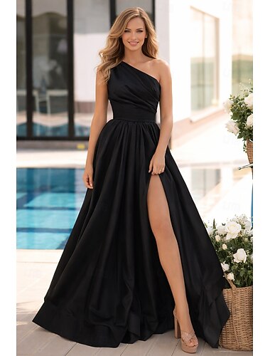  A-Linie Bodenlang Abiballkleider Abendkleid Ballkleid Festliche Kleidung Elegant Minimalistisch Ärmellos Ein-Schulter Abschlussball Hochzeitsgast Satin mit Falten Schlitz