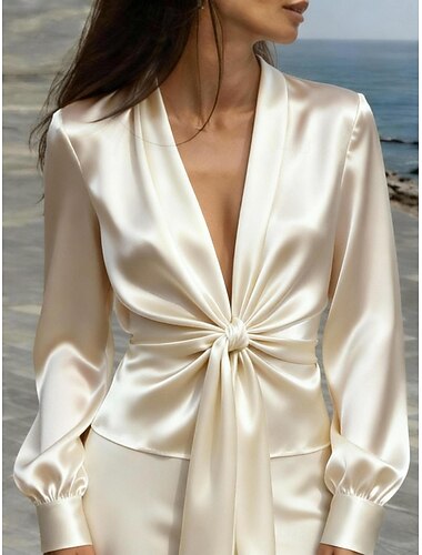  Dames Overhemd Blouse strik voorkant Effen Stijlvol Modern Casual Lange mouw V-hals Normale tops Dagelijks Feestdagen Uitgaan Zwart Wijn Paars Beige Zomer Lente