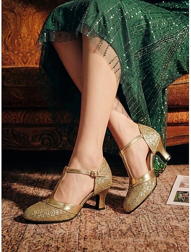  1920年代のギャツビーフラッパーシューズ（レディース） - エレガントなバーガンディグリッター &ヴィンテージなキトンヒールのゴールドメタリックメリージェーンパンプス &社交ダンス、テーマパーティー用のTストラップ &結婚式