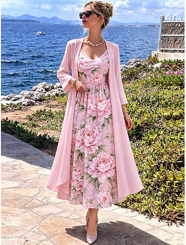  Dames Jurk Set A lijn jurk Elegant Vakantie Bloemig Grafisch Meerlaags Afdrukken Halflange jurk 3/4 mouw V-hals Dagelijks Vakantie blauw Lichtgroen Blozend Roze Zomer Lente Normale pasvorm