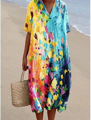  Damen Midikleid Shiftkleid Urlaub Lässig Strand Täglich Ausgehen Lässiger Schnitt Grafik Geometrisch Kurzarm V Ausschnitt Gelb Rote Purpur Grün Sommer Frühling