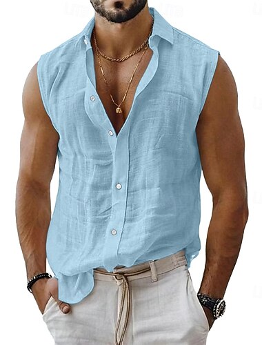  Herren Hemd Leinenhemd Sommerhemd Strandbekleidung Knopfhemd Einfach Lässig Täglich Blau Weiß Rosa Ärmellos Kragen Sommer Frühling Bekleidung Rein
