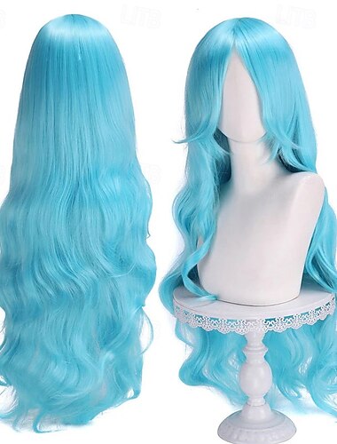  Lange, gewellte, hellblaue Perücke im Stil eines Meeresabenteurers für Cosplay-Partys