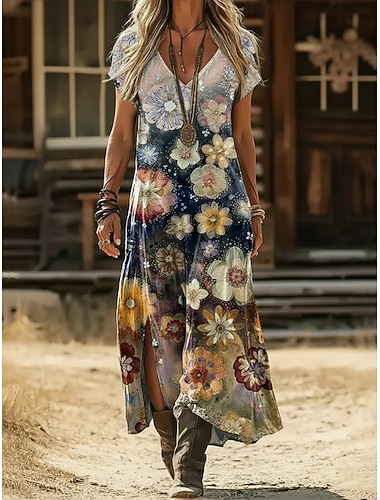  Dam Maxiklänning Boho-klänning Vardagsklänning A linjeklänning Klänning med tryck Vintage Utomhus Semester Helgen Normal Blommig Grafisk Kortärmad V-hals Marinblå Purpur Grön Sommar Vår