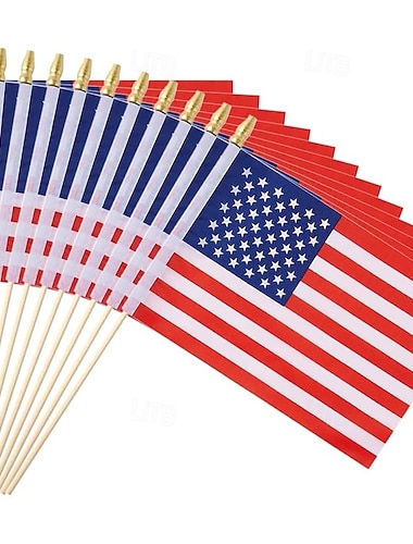  Pacote com 25 miniaturas de bandeiras americanas em haste, perfeitas para jogos da Copa do Mundo de Futebol, eventos esportivos, decoração de festas e para torcedores vibrarem no 4 de julho.