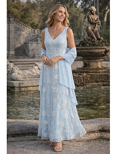  Todelt A-linje Gulvlengde Gjestekjole til bryllup Kjole til brudens mor Ermeløs V-hals Stroppeløs Elegant Enkel Minimalistisk Formell Semi-formelt Jacquard Innpakking inkludert med 3D-blomster Broderi