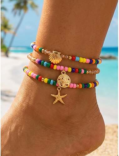  Dames boho elastische enkelbandjes met kralen, gemaakt van legeringskralen, rekbaar, veelkleurig, trendy zomersieraden voor de voeten, perfect voor vakantie, reizen en dagelijks gebruik.