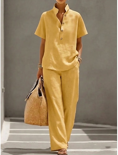  Damen Hosen-Sets Kunstbaumwollleinen Kurzarm Stehkragen Einfarbig Mode Streetwear Lässig Täglich Outdoor Blau Gelb Grün Frühling & Sommer Lässiger Schnitt