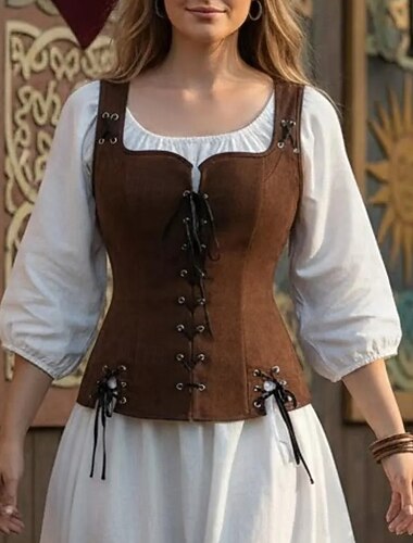  Medieval Renacimiento Steampunk Faja Corpiño Pirata Vikingo Campesino Acordonado Disfraz Mujer Celta Fantasía Víspera de Todos los Santos Carnaval Rendimiento LARP Feria Ren Adulto Faja