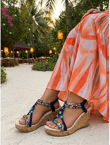  Sandales compensées bohèmes pour femmes - brides tressées à motifs floraux colorés et perles turquoise &Semelle compensée en liège pour les séjours en plein air et les vacances tropicales &dîners sur