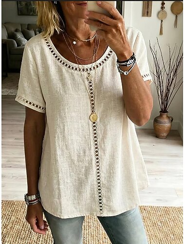  Dames T-shirt Overhemd van imitatie linnen Gat Effen Modieus Stijlvol Klassiek Korte mouw Strakke ronde hals Normale tops Dagelijks Uitgaan Weekend blauw Zwart Wit Geel Blozend Roze Zomer Lente