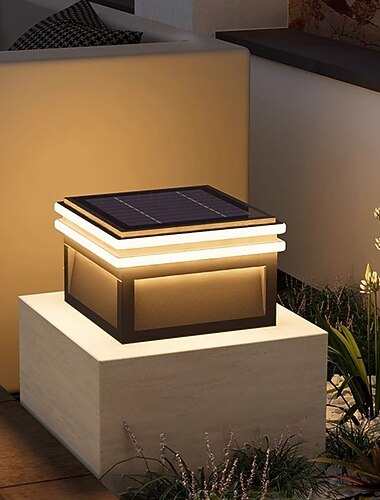  Luminaria solar para poste IP65 impermeable, luz exterior tipo pilar con LED, tapas de columna de energía solar, lámparas de aluminio impermeables, tapas de postes de cerca de vidrio, luces negras