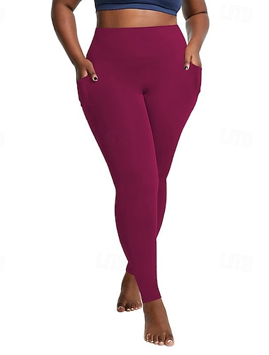  Mulheres leggings de pilates calças esportivas Leggings de ioga Bolsos Leve Pilates Academia Corrida Calças Côr Sólida Preto Rosa empoeirada Vinho Elastano Tamanho Grande Esportes Roupas Esportivas