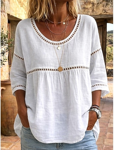  Damen Bluse Baumwollhemd Kunstbaumwollleinen Ausgehöhlt Einfarbig Täglich Stilvoll Basic Dreiviertelarm Rundhalsausschnitt Normale Oberteile Täglich Weiß Rosa Sommer Frühling Herbst