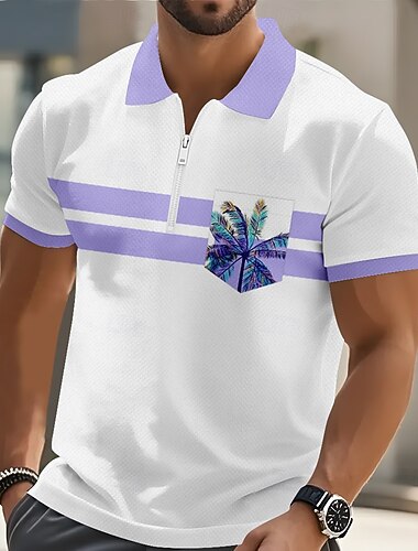  בגדי ריקוד גברים עלה דקל חולצות פולו שרוולים קצרים חולצות פולו חולצות עם צווארון יום יומי אתר נופש בגדי ספורט ומנוחה חגים בגדי נופש כיס הדפסת תלת מימד רבע זיפ פולו אביב קיץ פול סגול תלתן