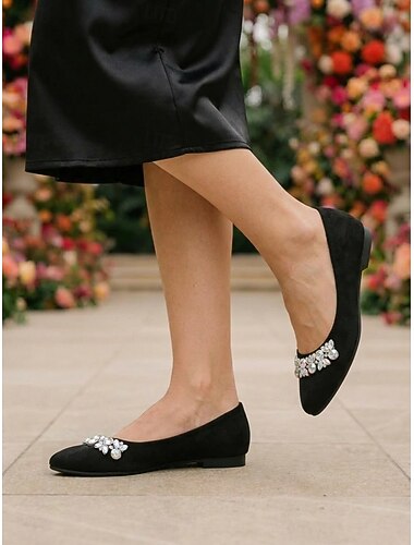  Svarte damesko i semsket skinn med spiss tå og krystallutsmykning, elegante sko til brudens mor til hagebryllup, komfortable kjolesko til utendørs seremoni