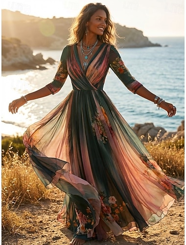  Langes Damenkleid, Maxikleid, Freizeitkleid, Swing-Kleid, Blumenkleid, Sommerkleid, Boho-Kleid, Vintage, Urlaub, Alltag, Urlaub, normale Passform, Blumenmuster, langärmlig, V-Ausschnitt, blau, Sommer