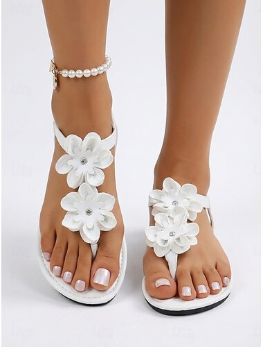  女性用ロマンチックな白い花のサンダル - 3D花柄装飾が施された快適なフラットな夏用スライド &ビーチでの休暇や島での結婚式に最適な伸縮性のあるバックストラップ &熱帯のハネムーン
