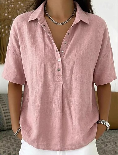  Dame Skjorte Årgang Stilfull Kortermet Aftæpning Vanlige topper Daglig Arbeid Ferie Blå Svart Hvit Rosa Lysebrun Sommer Vår