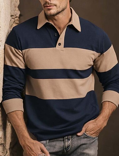  Per uomo Strisce orizzontali Polo da rugby Manica Lunga Magliette polo Camicie con Colletto Casual All'aperto Athleisure Stampa 3D Primavera Autunno Blu Marrone Verde