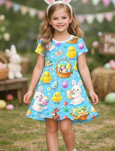  Pasqua ragazze' 3D Grafico Coniglio Abito Manica Corta Stampa 3D Estate Primavera Quotidiano Vacanza Feste Carino Essenziale Casual Bambini 4-12 Anni Vestito Casual Abito a trapezio Lunghezza al