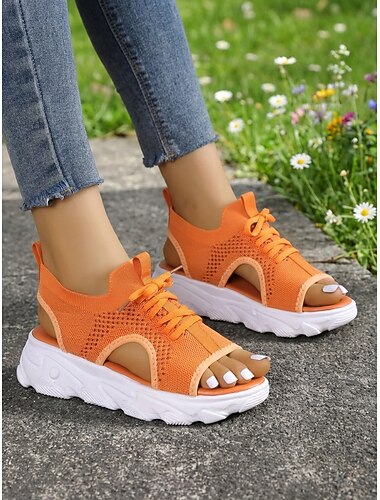  Naisten oranssit neuleet avokärkiset lenkkarit – hengittävät sporttiset platform-kengät vapaa-aikaan, kävelyyn, ulkoiluun ja jokapäiväiseen käyttöön