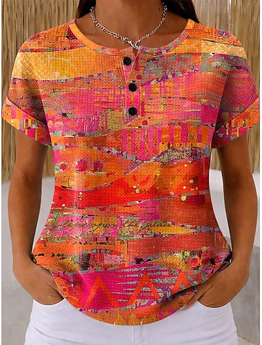  Dámské Waffle T-shirt s potiskem grafiky geometrické vintage stylové klasické krátký rukáv kulatý výstřih pravidelné topy denní černá a bílá černá bílá žlutá červená léto jaro