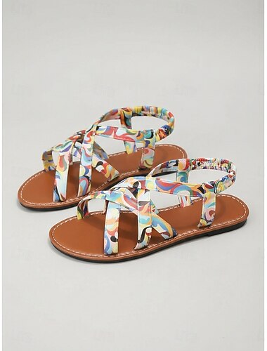  Dames platte sandalen met kleurrijke abstracte print in boho-stijl - comfortabele slippers met gekruiste bandjes en een elastische hielband, ideaal voor strandvakanties en zomervakanties. &loungen bij