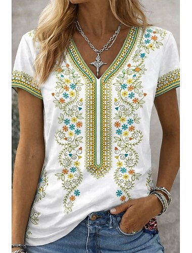  Femmes T-shirt Imprimé Fleuri Graphique Libellule ancien Élégant Classique Manche Courte Col en V Hauts Longs Quotidien Sports Sortir Blanche Rouge Été Printemps